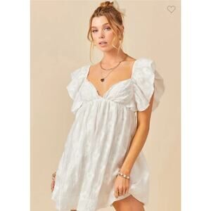 White Ruffled Tie Back Mini Babydoll Dress Sz M Floral Coquette Fairy Romantic